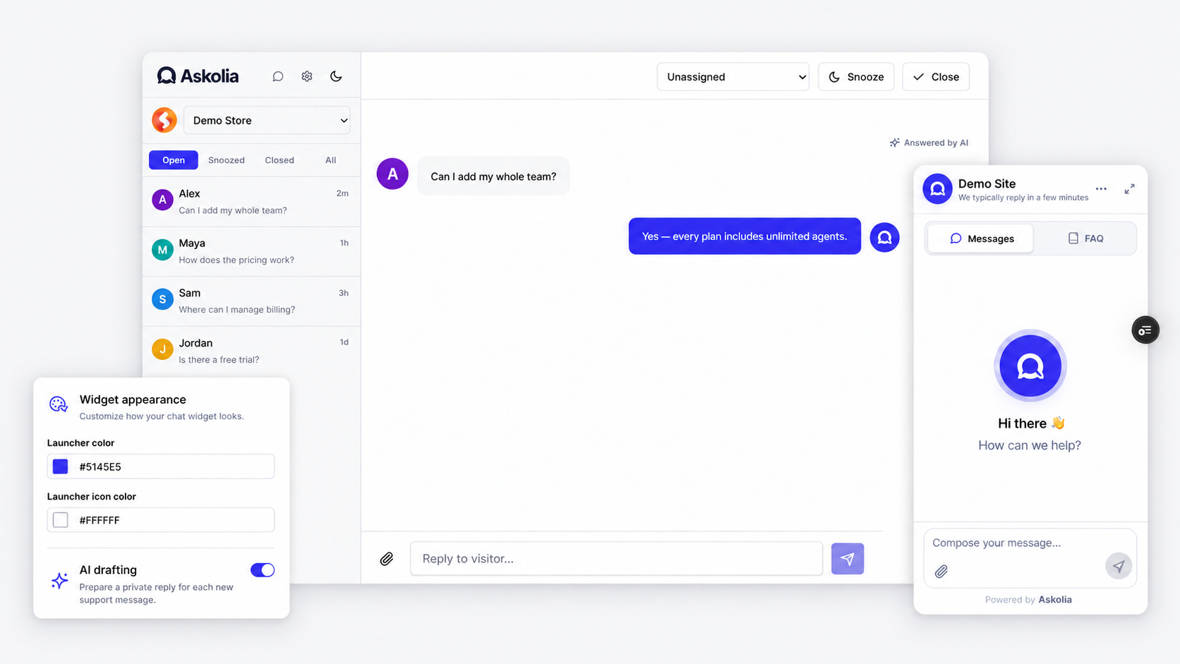Aperçu de la boîte de réception, du chat web et de la messagerie mobile Askolia